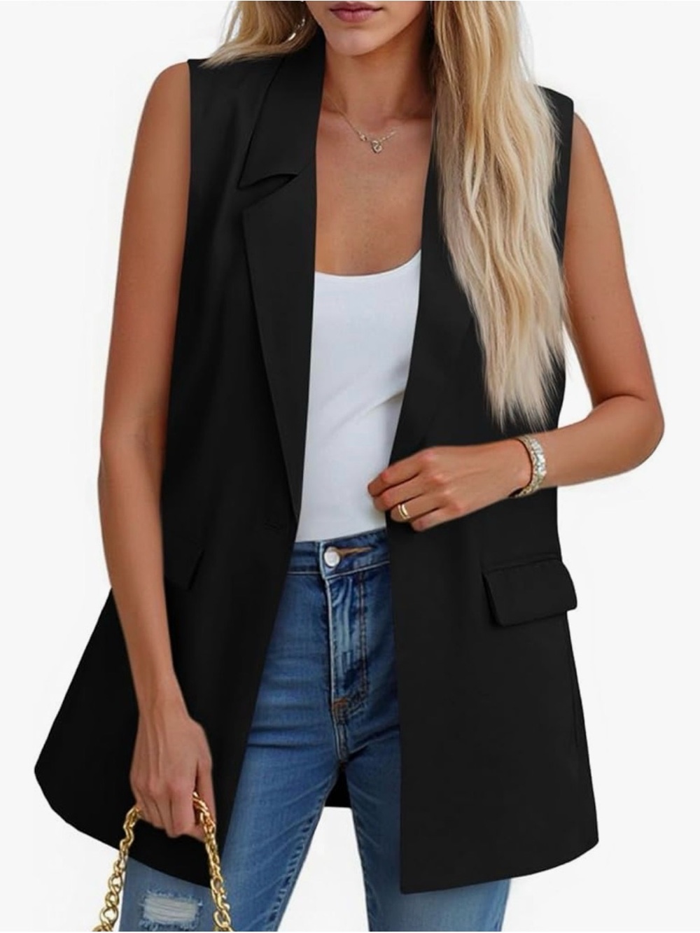 Sleeveless Black Tailored Blazer Vest - Women's Jacket
